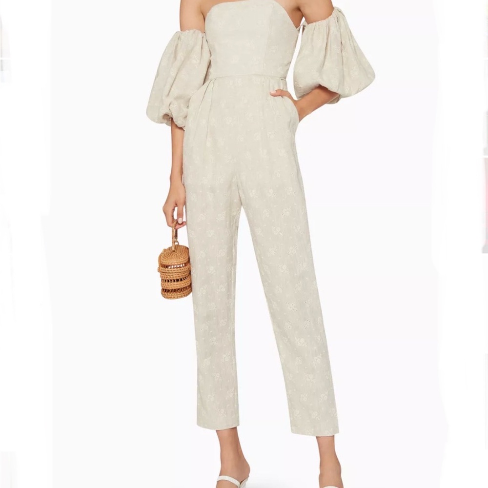 Shona Joy Margot Embroidered Linen Cream Puff Sleeve Jumpsuit with pockets